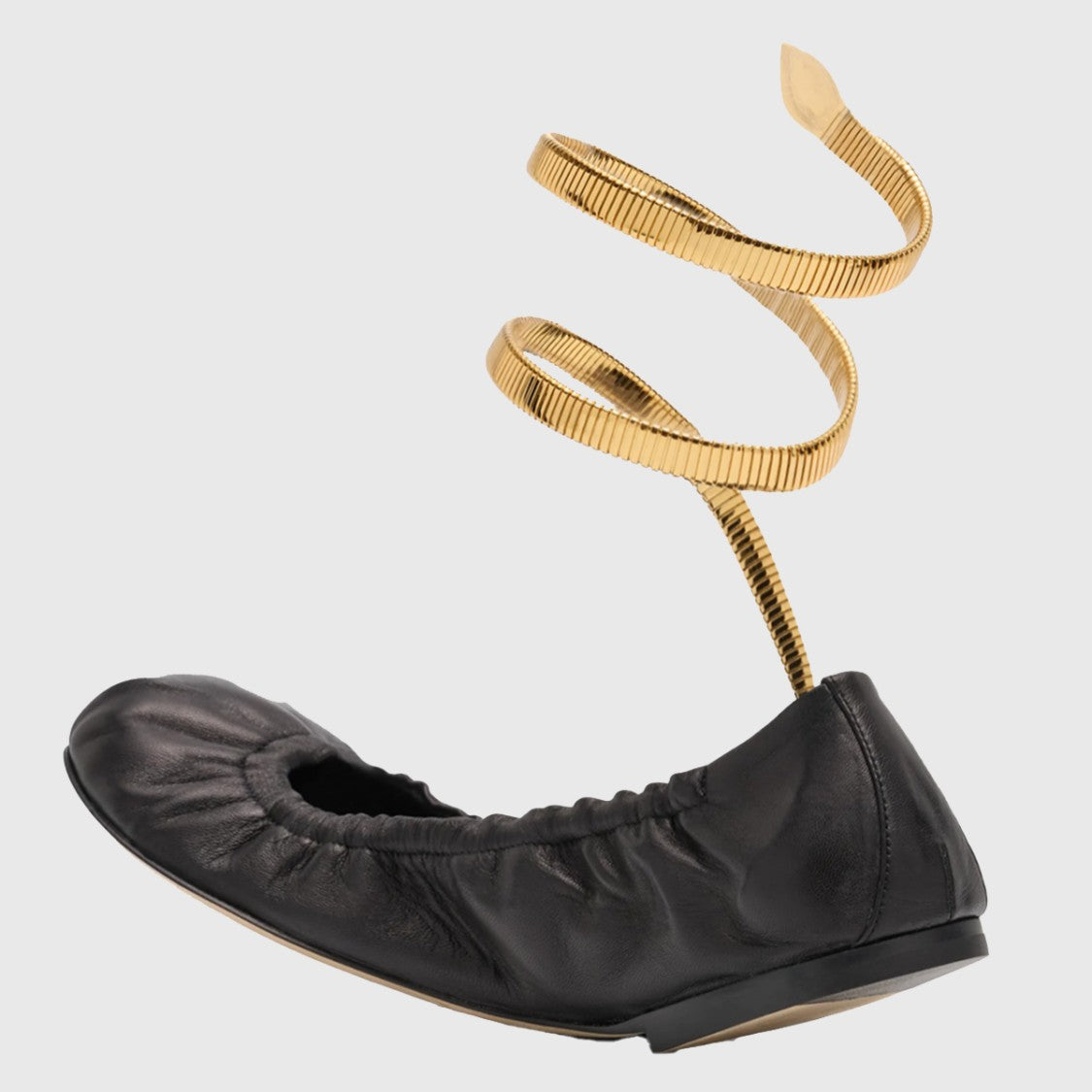 René Caovilla Ruched Black Flats With Gold-Tone Coiled Ankle Strap