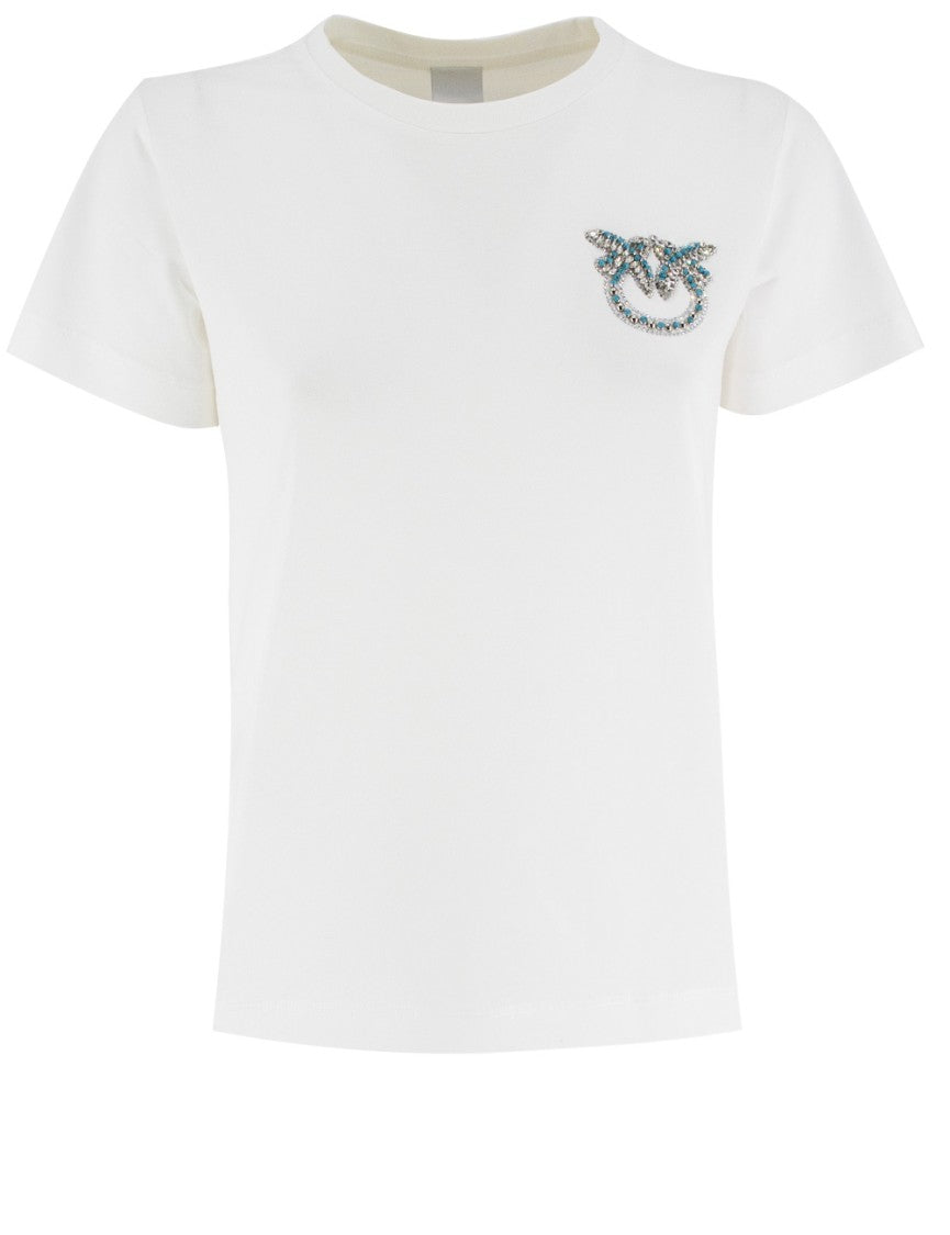 Pinko Short Sleeve Cotton T-Shirt With Jewelled Love Birds Embroidery