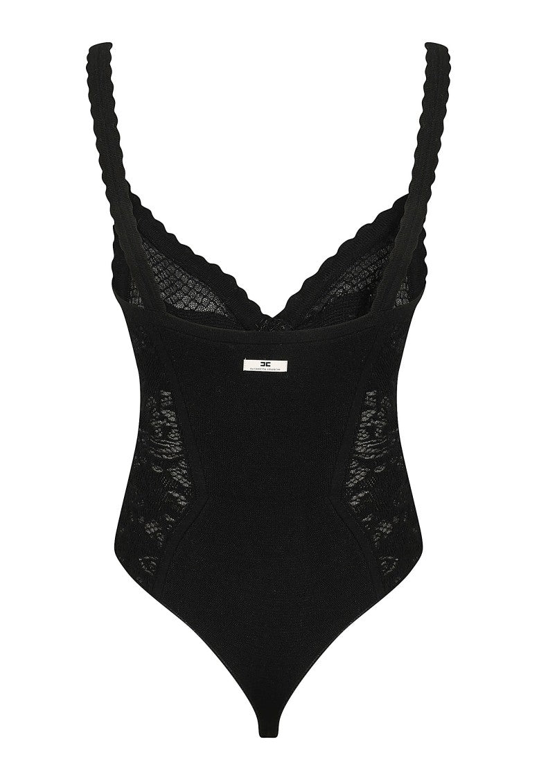 Elisabetta Franchi Fitted Sheer Mesh Lace Insert Knit Bodysuit