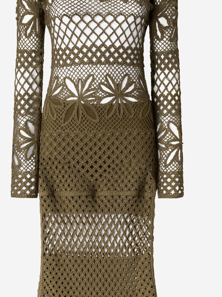 Pinko Long Open-Work Crochet Dress With Diamond And Floral Patterns