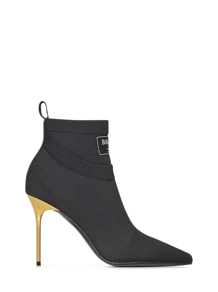 Balmain Black Stretch Knit Ankle Boots With Gold Lacquered Stiletto Heel