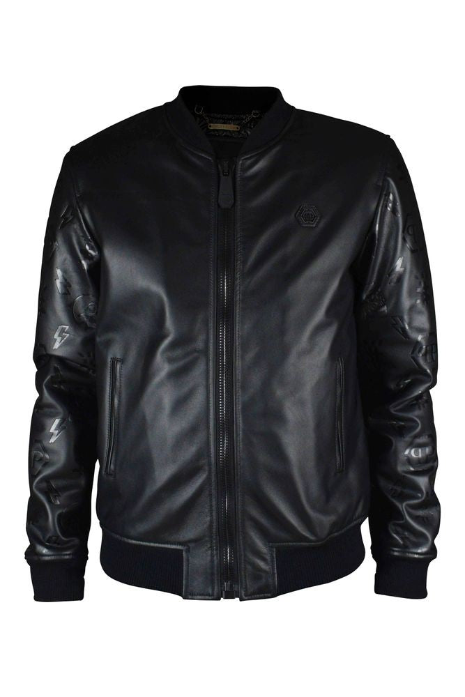 Philipp Plein Black Leather Bomber Jacket