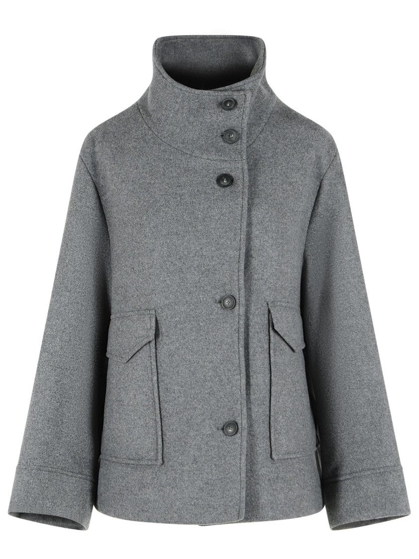 Closed Wool Blend Jacket With Raised Neck And Flap Pockets