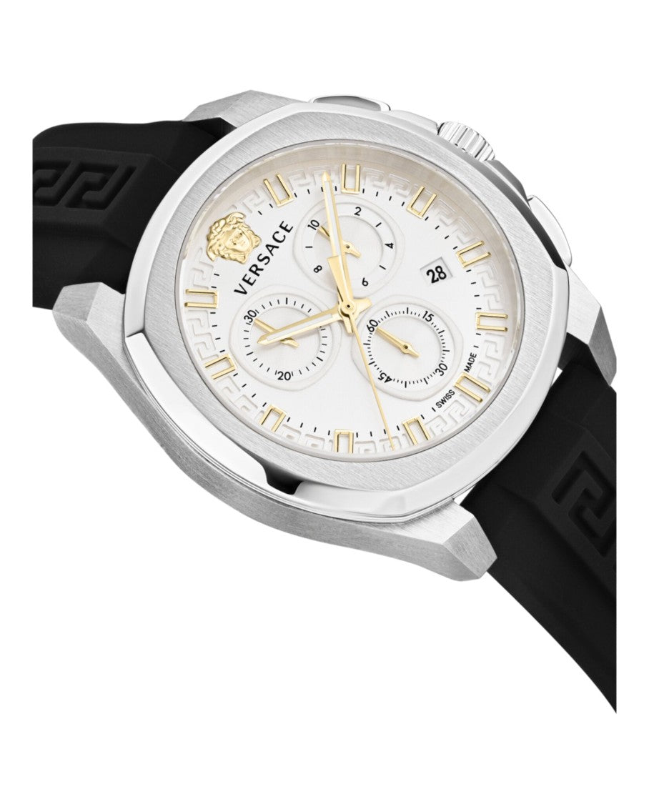 Versace Geo Chrono Strap Watch With Polished Stainless Steel Case