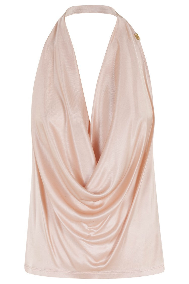 Elisabetta Franchi Pink Shiny Gutter-Neckline Logo Viscose Tank Top