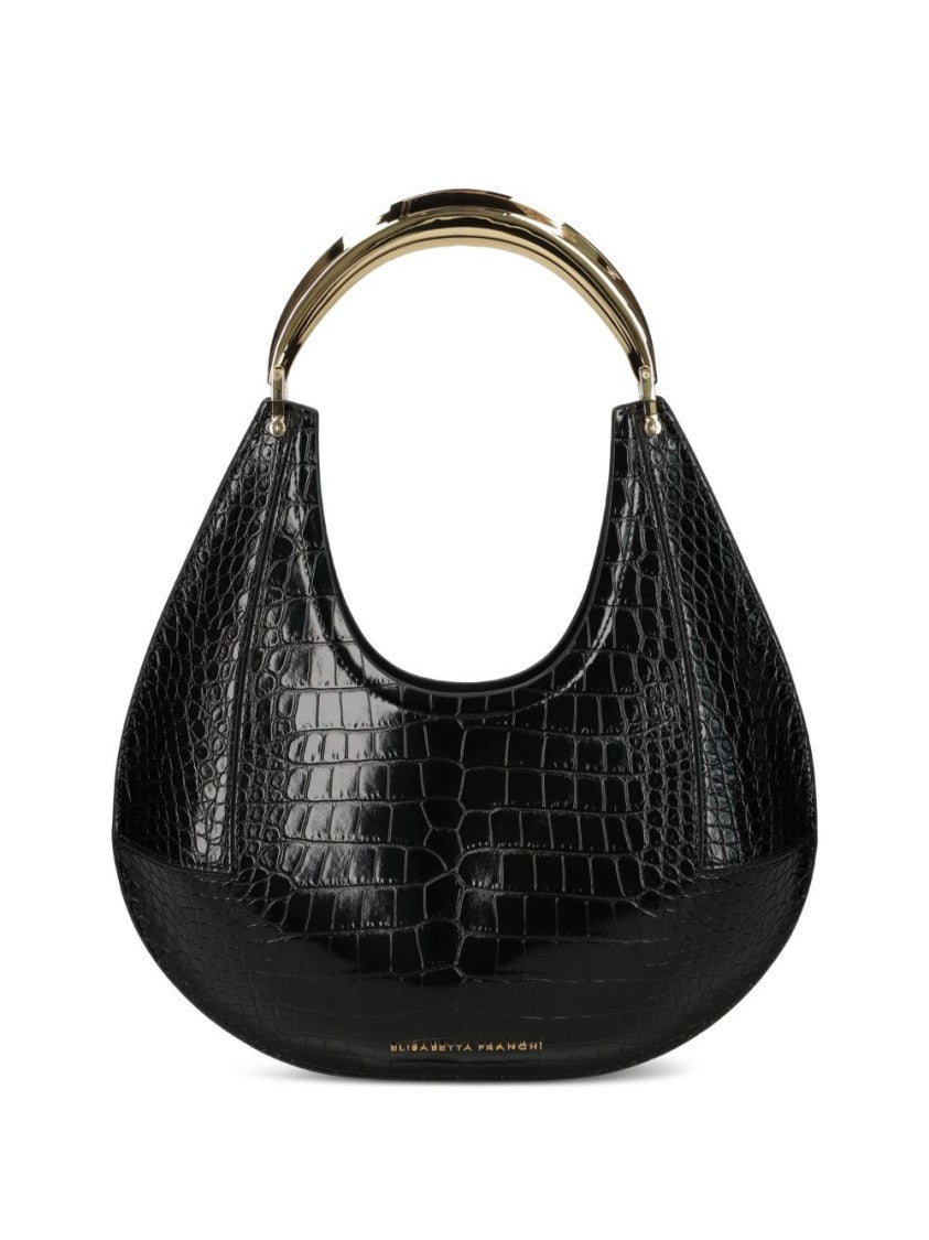 Elisabetta Franchi Crescent-Shaped Black Crocodile-Embossed Shoulder Bag