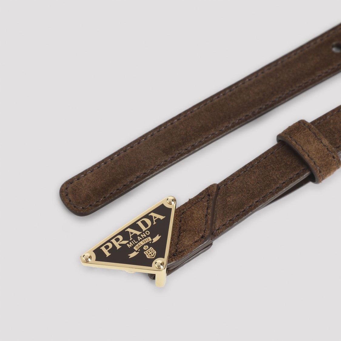 Prada Brown Suede Calf Leather Belt With Gold-Toned Logo Buckle