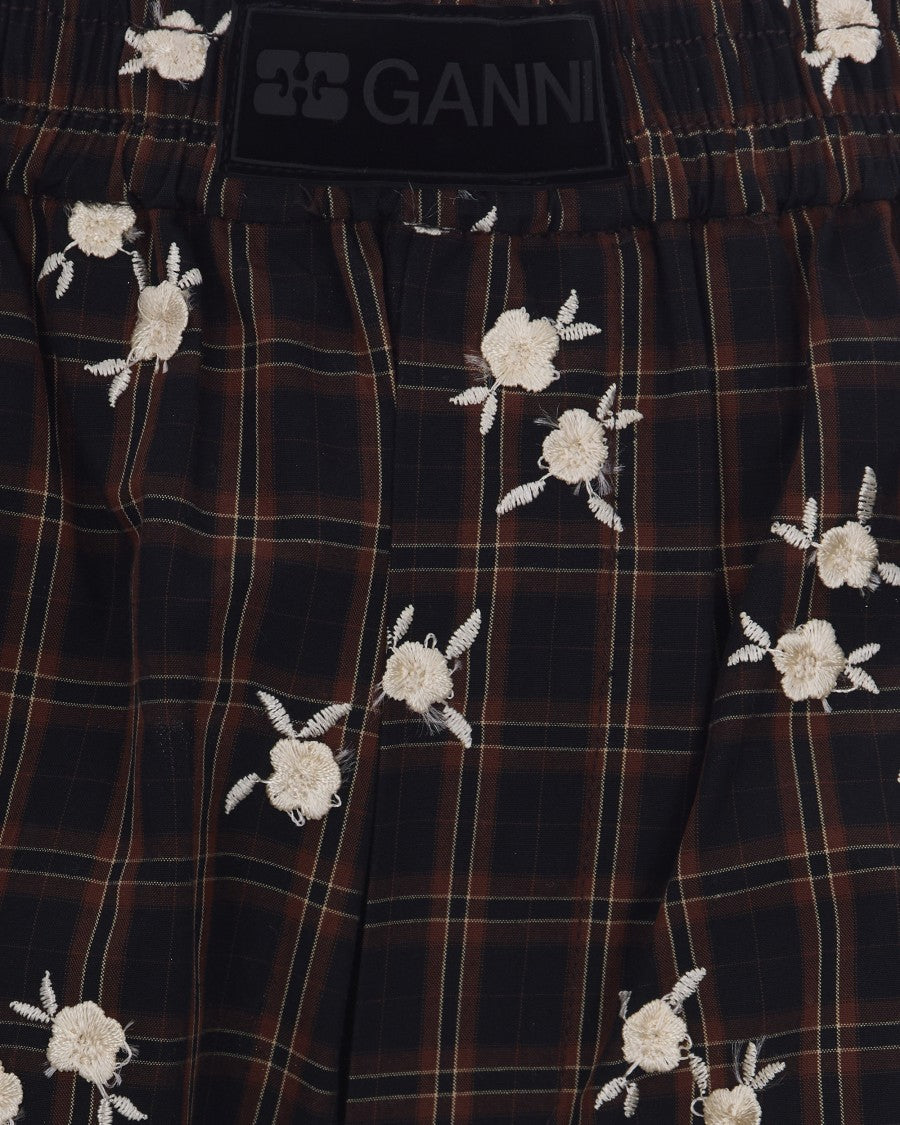 Ganni Bermuda Check Flower Shorts With Elastic Waistband