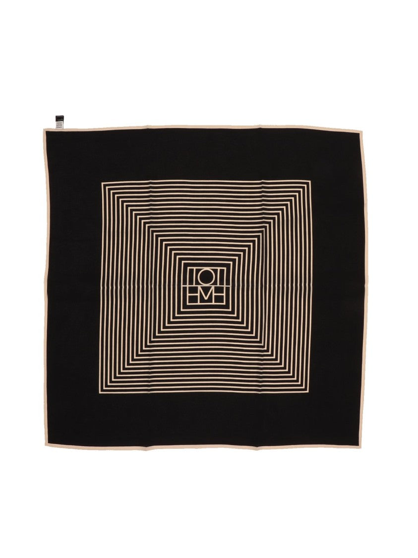 Totême Centered Geometric Monogram Black Silk Scarf