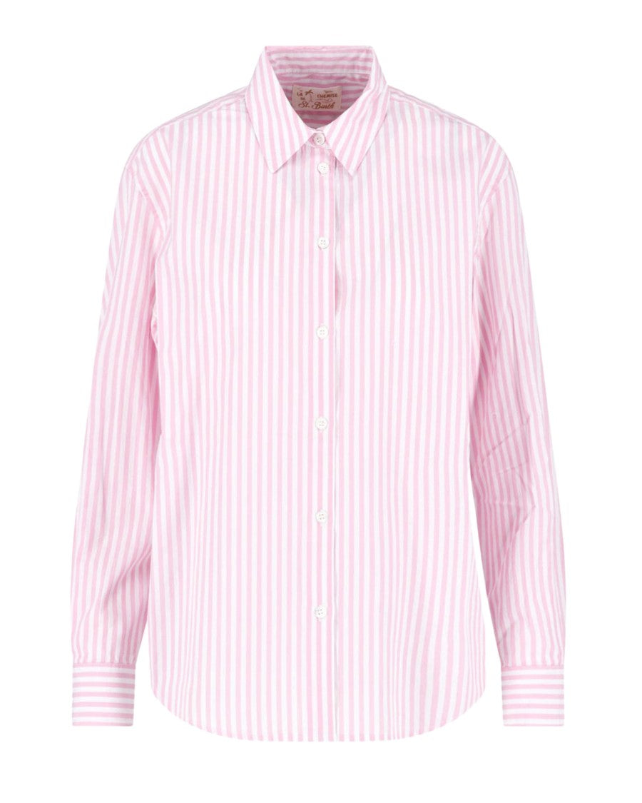 Mc2 Saint Barth Long-Sleeved Cotton Shirt With Vertical Pink Stripes And Logo Embroidery