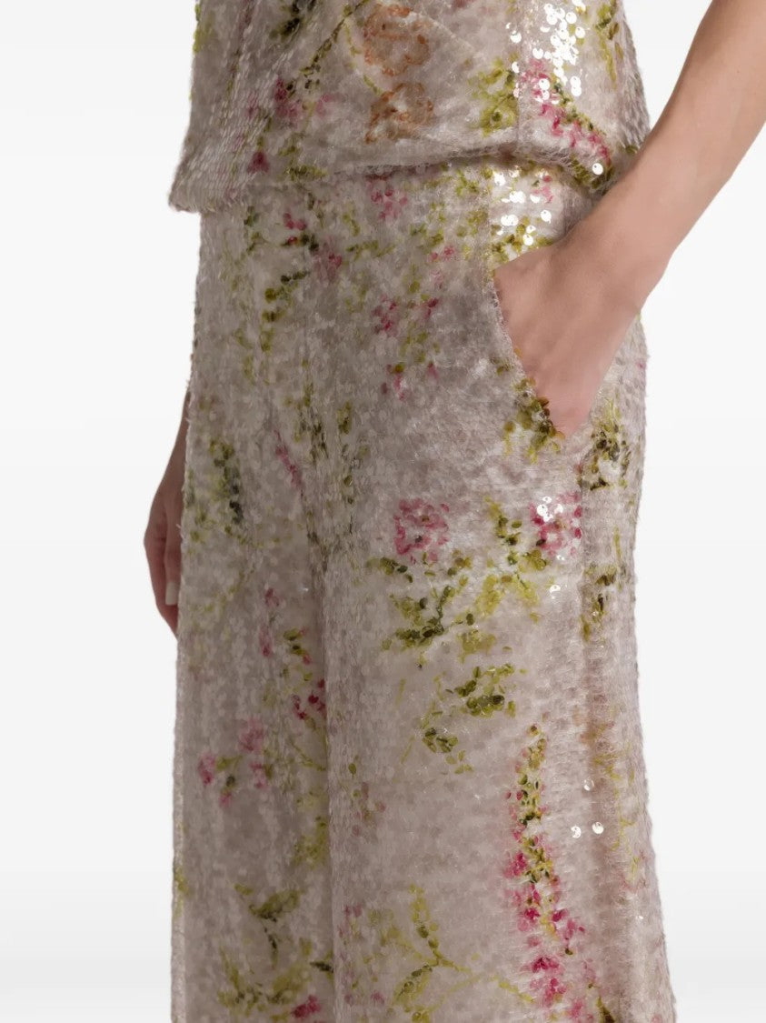 Alberta Ferretti High-Waisted Wide-Leg Pants With Floral Sequin Embellishments