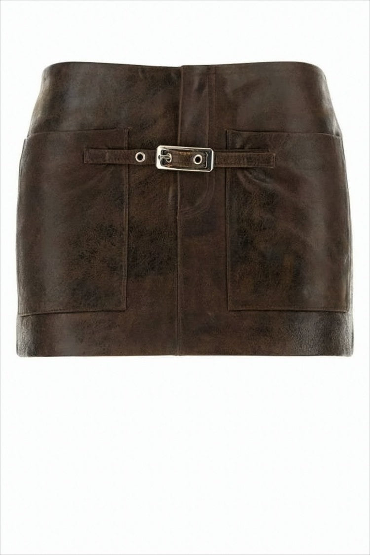 Gimaguas Short Leather Skirt With Distressed Finish And Silver Buckle