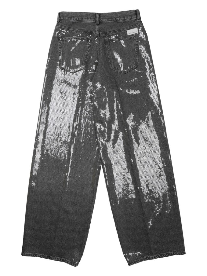 Nine In The Morning Black Sequin Embellished Cotton Wide-Leg Pants