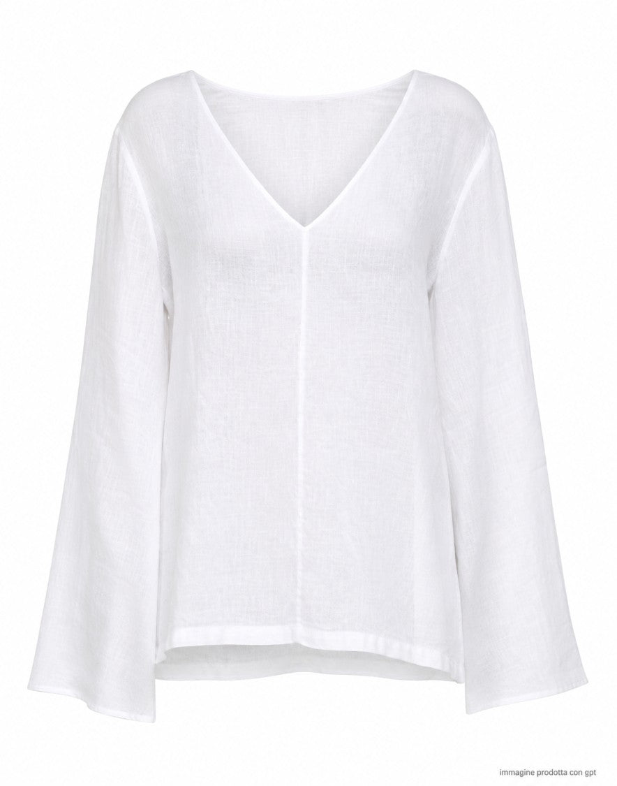 Hira White V-Neck Linen Long-Sleeve Top