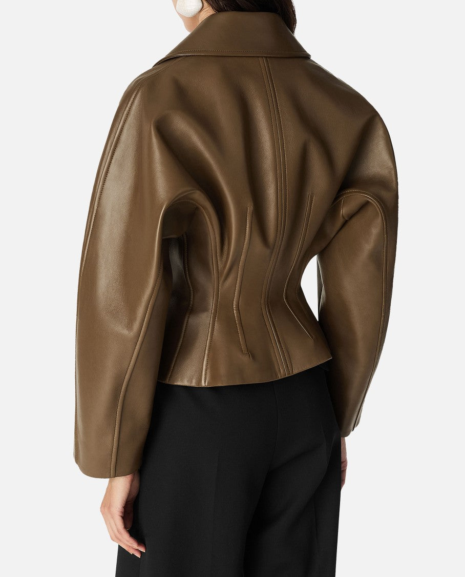 Bottega Veneta Brown Leather Jacket With Classic Collar And Flattering Silhouette