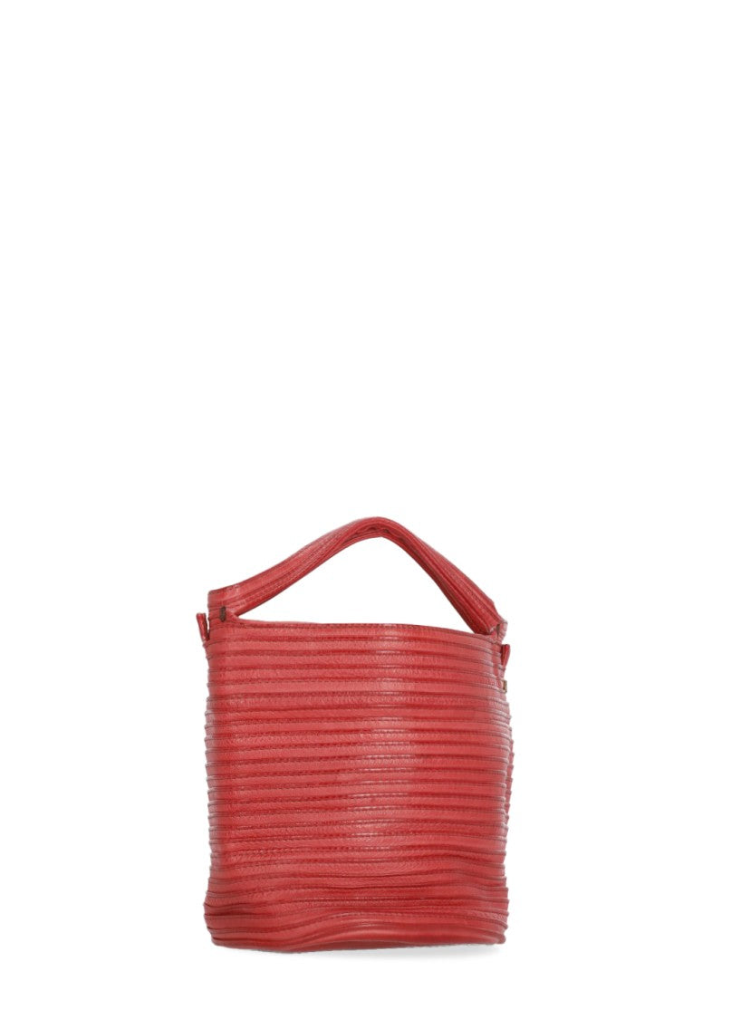 Majo Textured Red Leather Shoulder Bag With Drawstring Fastening