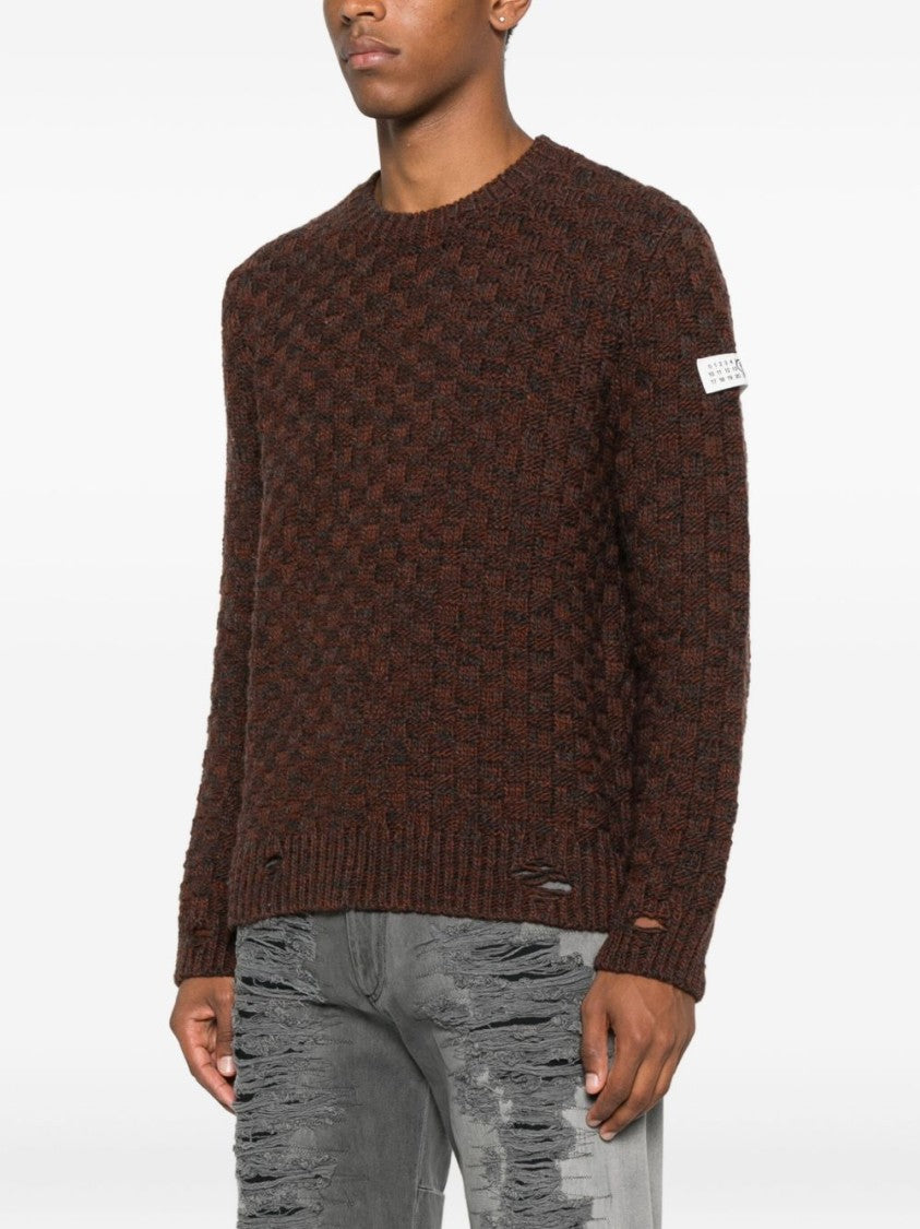 Mm6 By Maison Margiela Textured Knit Brown Crewneck Sweater