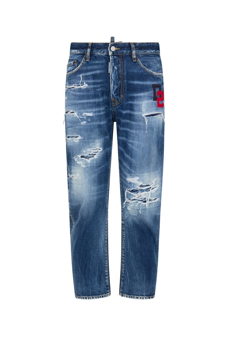 Dsquared2 Distressed Straight-Leg Denim Jeans Logo Patch