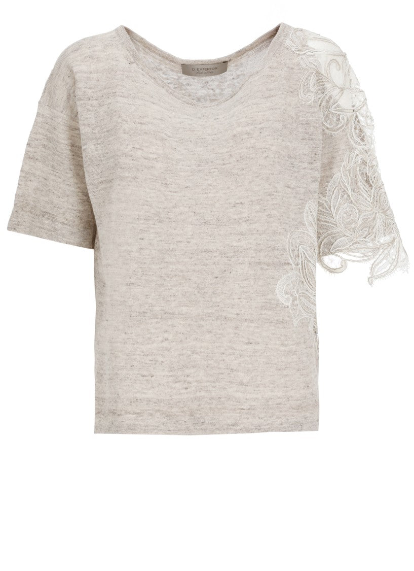 D. Exterior Beige Lace Linen-Blend Short-Sleeved Top
