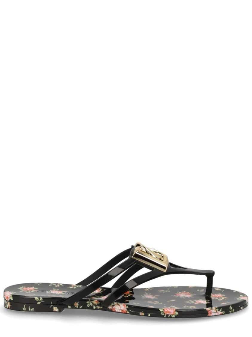 Dolce & Gabbana Black Floral Print Plaque Strap Tpu Sandals