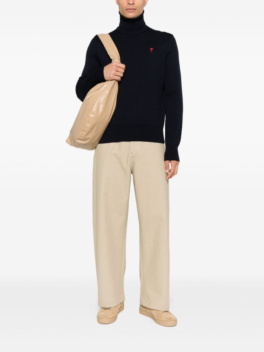 Ami Paris Ribbed High-Neck Turtleneck Sweater With Embroidered Logo