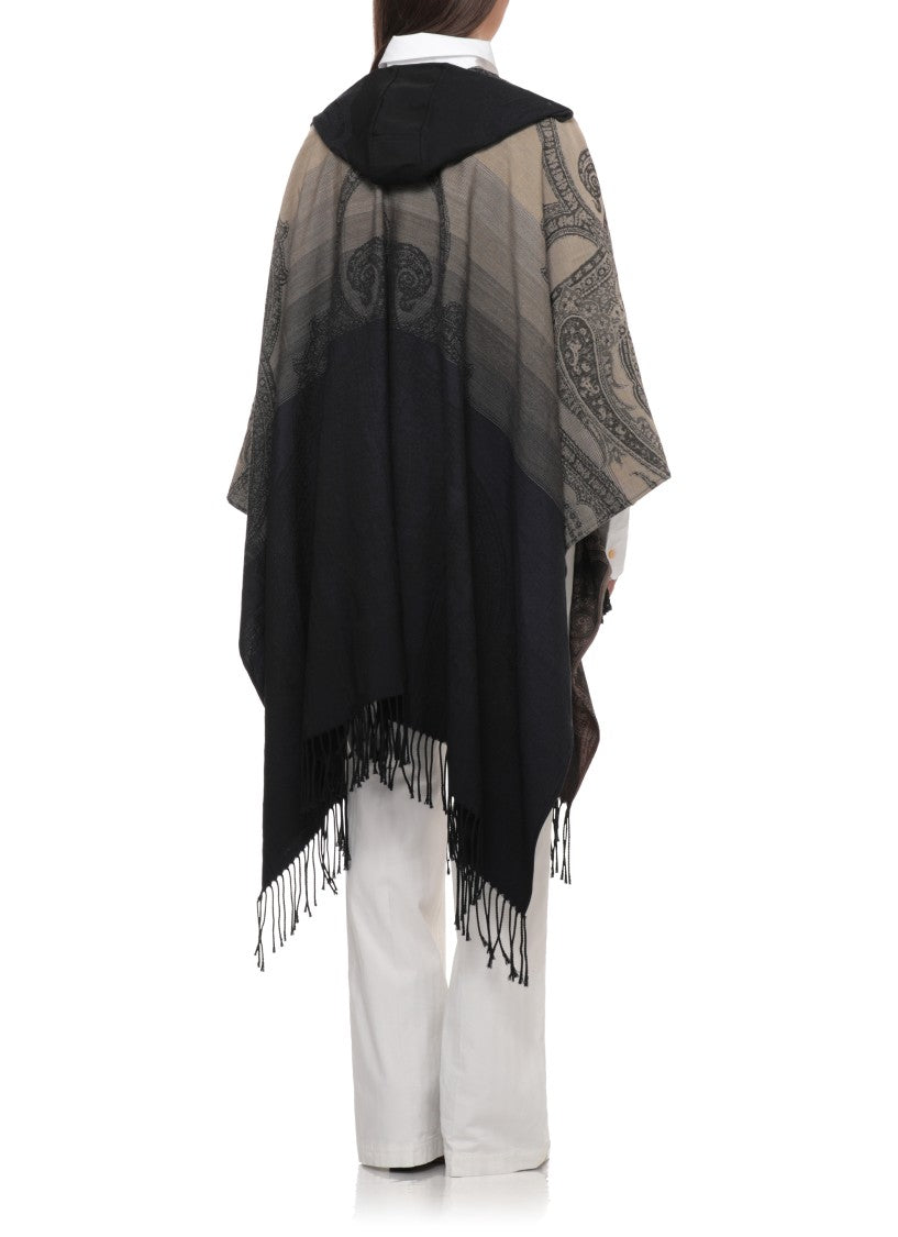 Etro Beige Wool Cape With Intricate Black Patterns