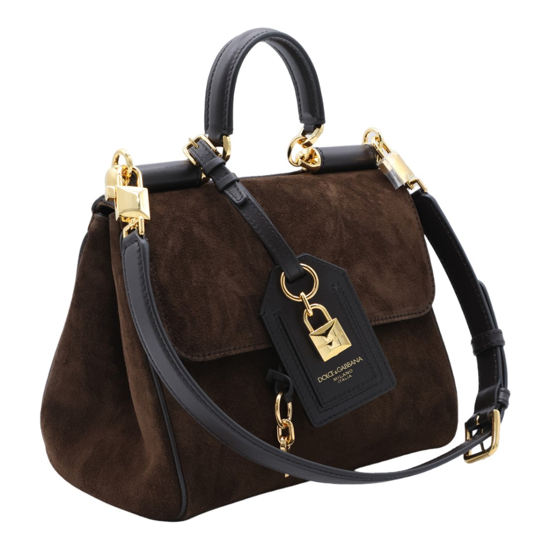 Dolce & Gabbana Structured Handbag In Dark Brown Suede With Black Leather Accents