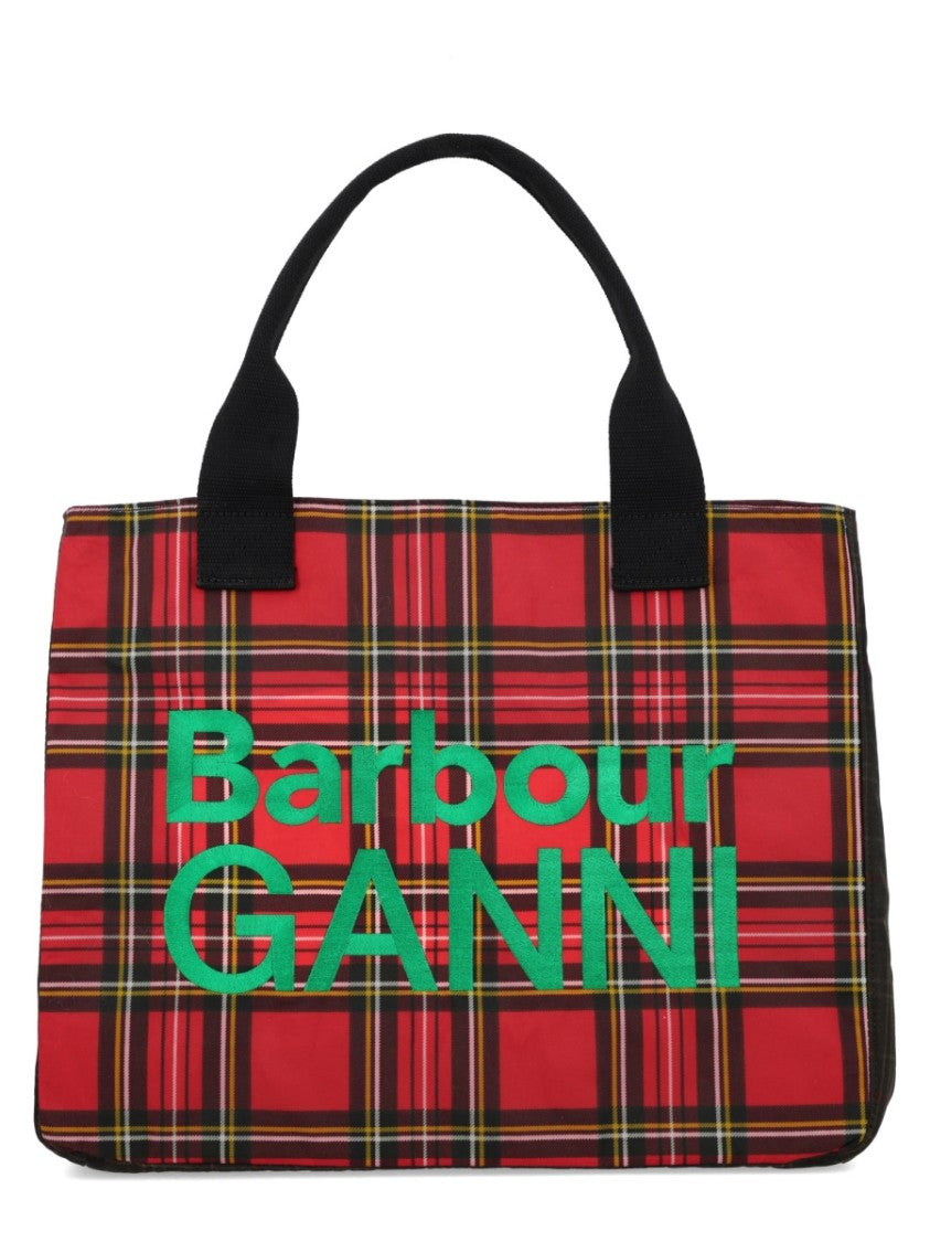 Barbour X Ganni Red Tartan Plaid Pattern Waxed Cotton Tote Bag