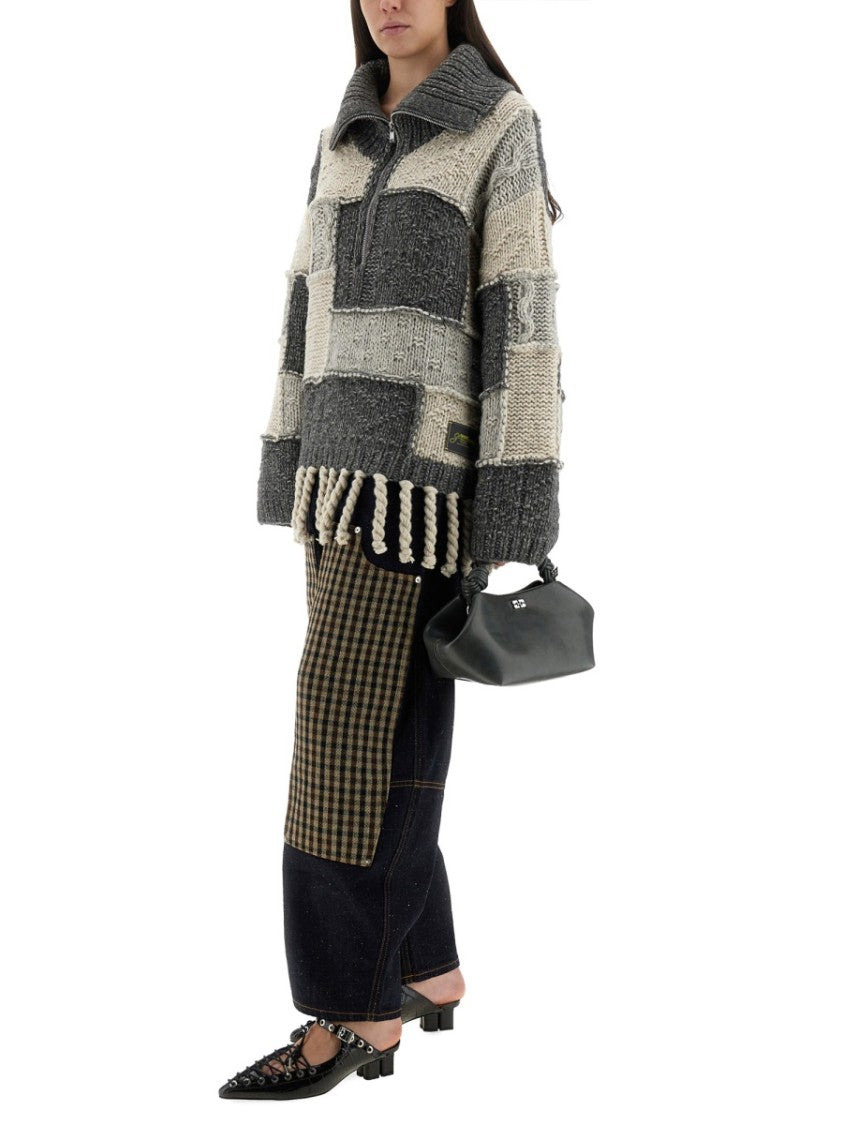 Ganni Wide-Leg Organic Cotton Pants With Checkered Patch Pockets