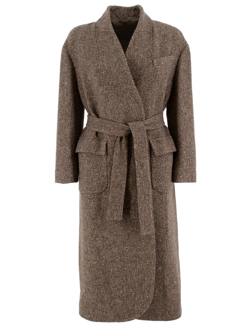 Brunello Cucinelli Waist Belt Wool And Cashmere Blend Coat In Brown