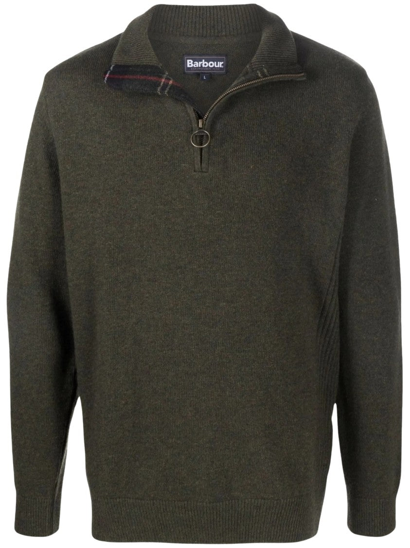 Barbour Zip-Up Wool Jumper With Plaid Accents And Ribbed Finish