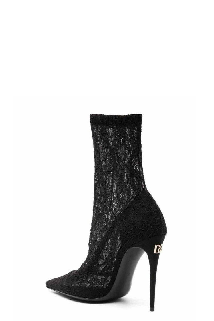 Dolce & Gabbana Black Sheer Floral Lace Pointed Stiletto Boots