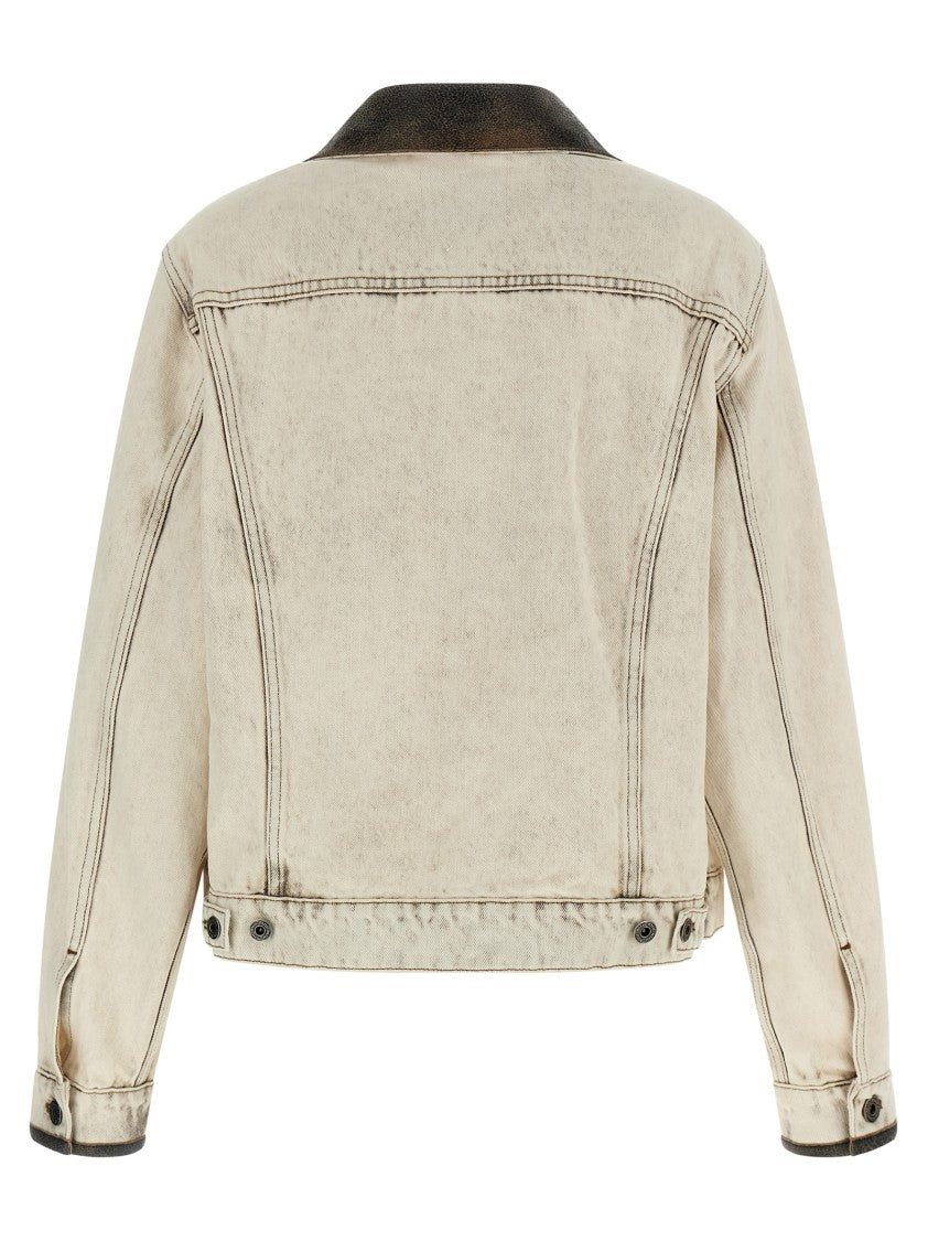 Miu Miu Stone Washed Denim Jacket With Craquelé Leather Accents