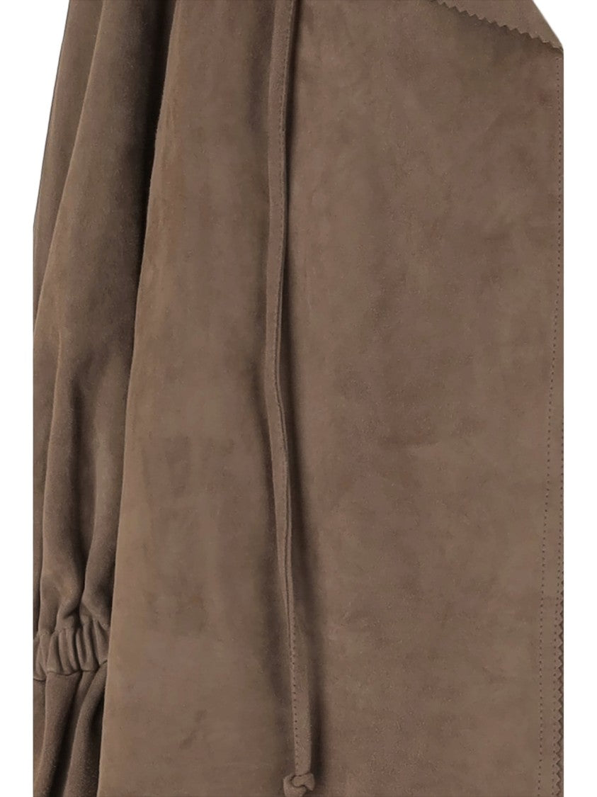 By Malene Birger Ruffled V-Neck Suede Blouse With Drawstring Closure