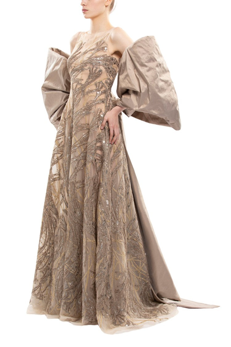 Saiid Kobeisy Embroidered Long Dress With Bow Cape