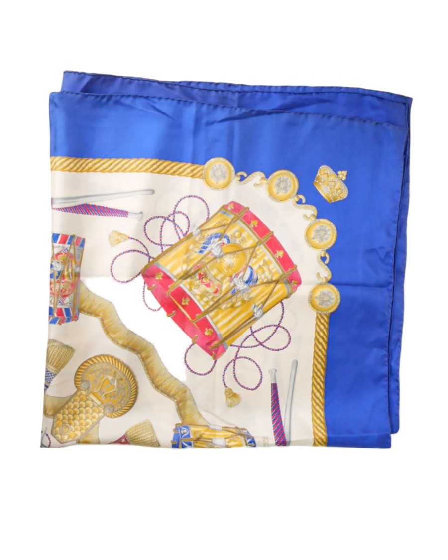 Hermès Les Tambours Blue Silk Scarf