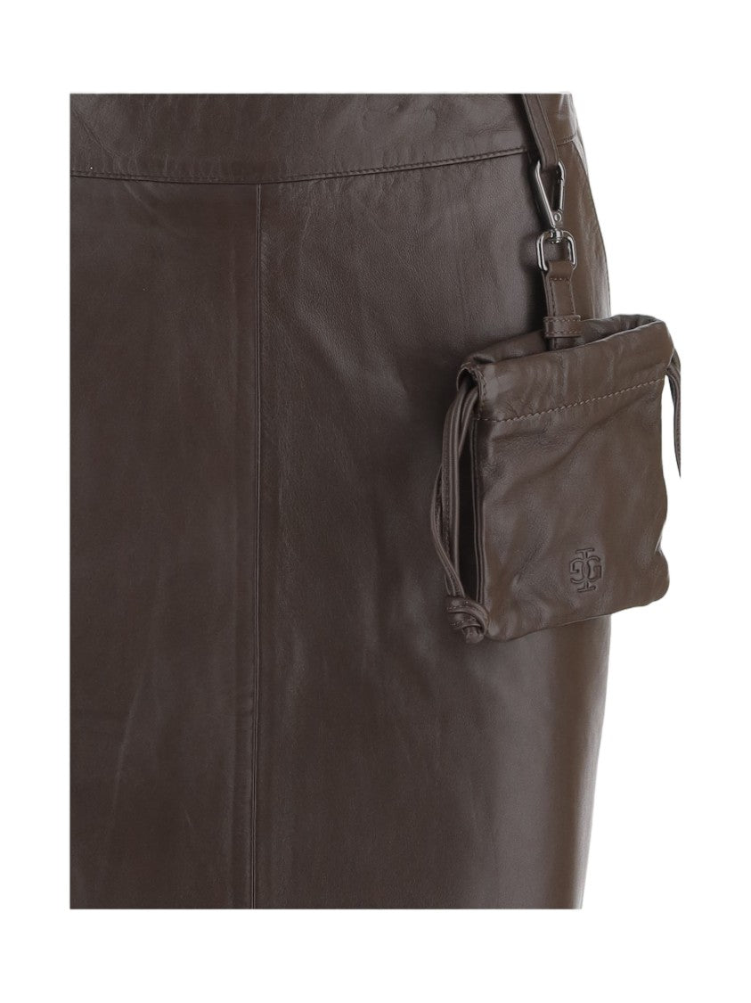 The Garment Brown Leather Skirt With Invisible Zipper And Removable Pouch