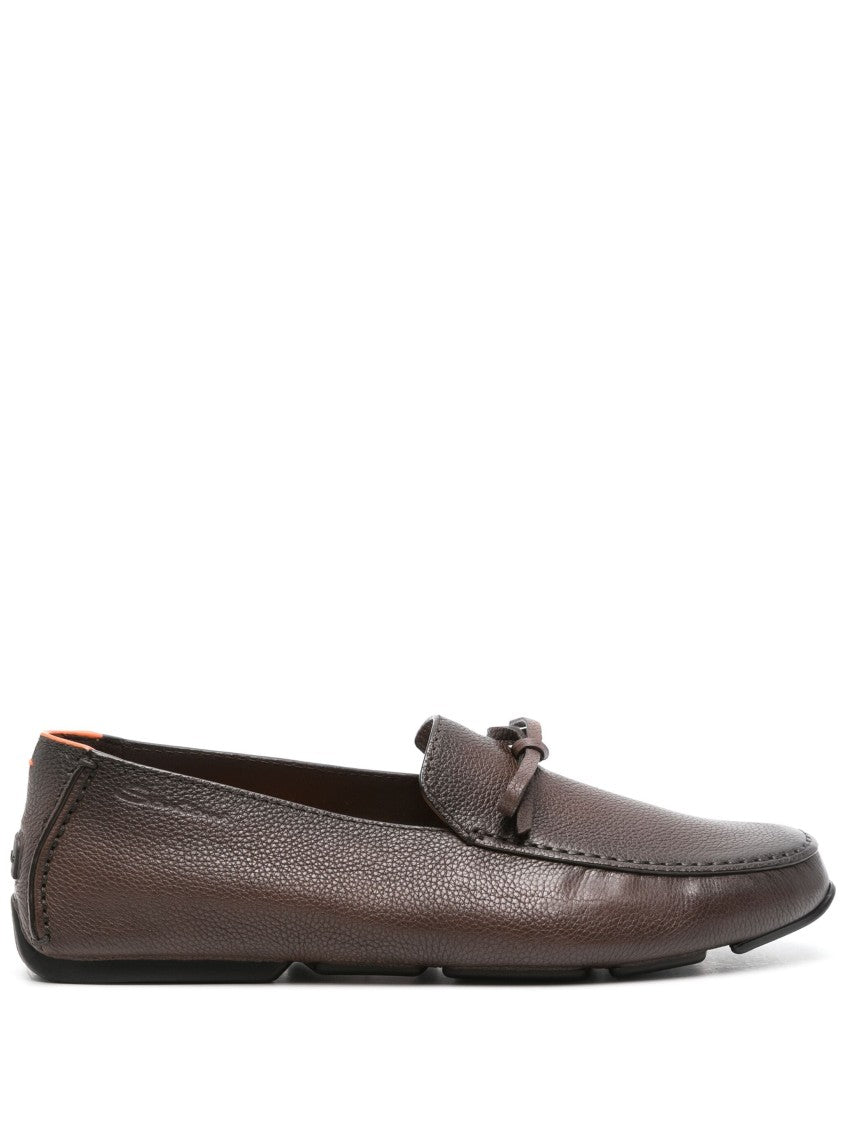 Santoni Brown Textured Leather Loafers With Decorative Bow