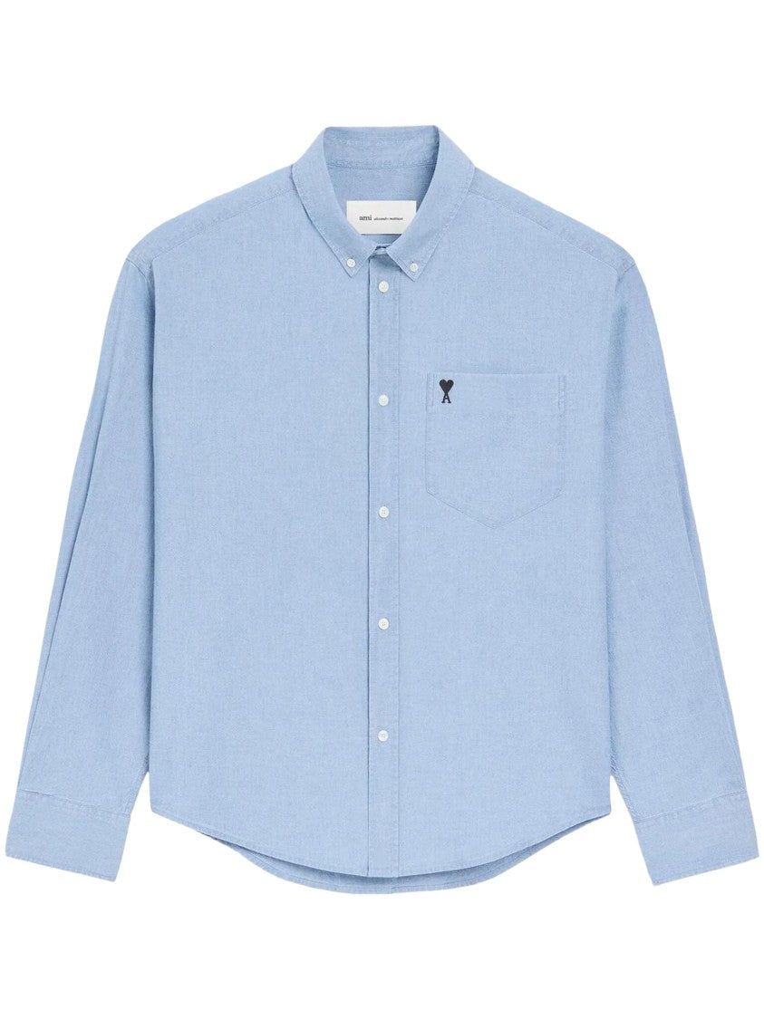 Ami Paris Boxy Relaxed Fit Blue Shirt With Button-Down Collar