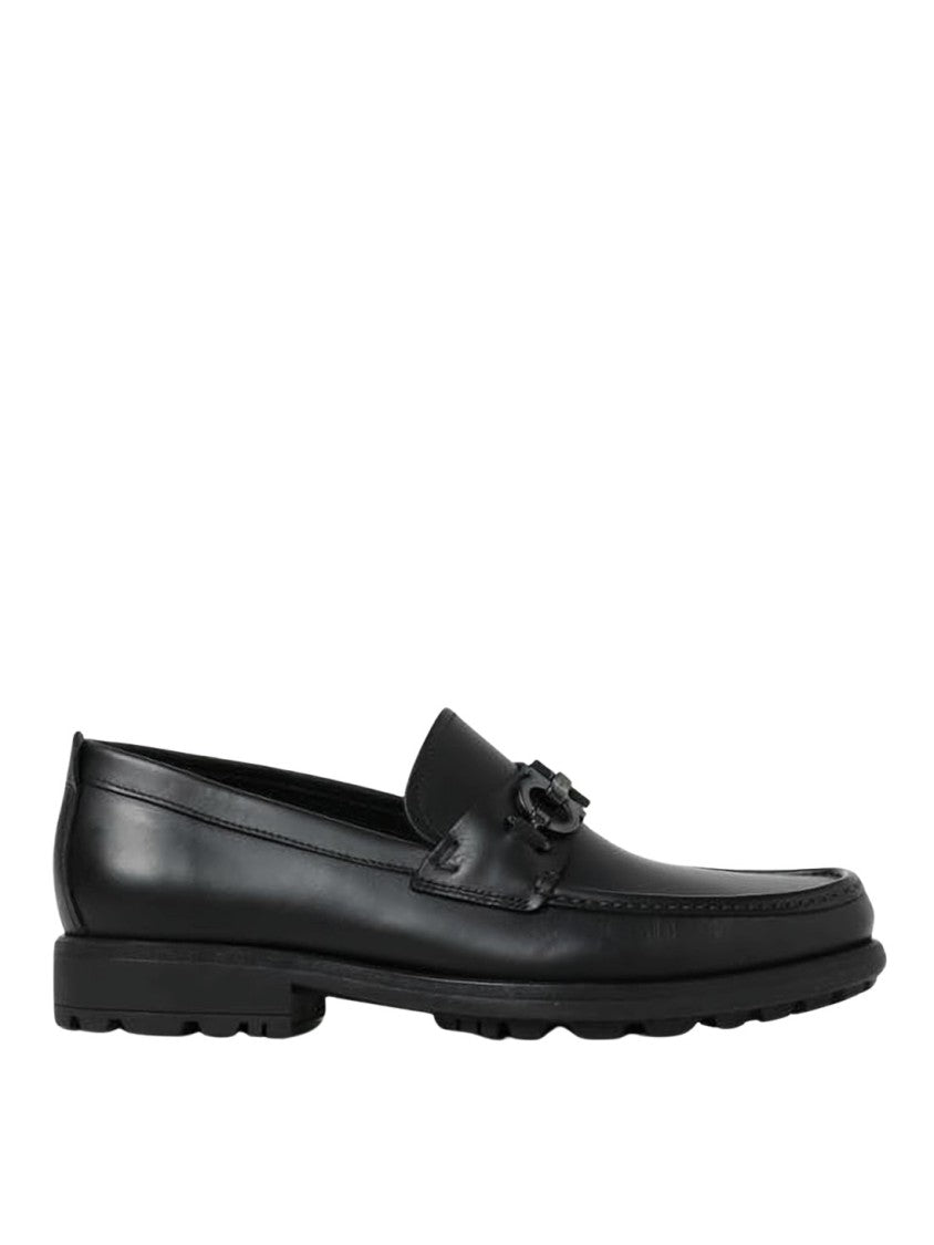 Ferragamo Black Leather Loafers With Decorative Metal Bit