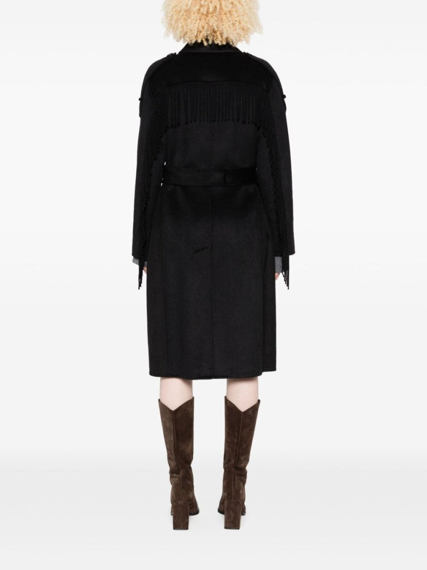 Liu Jo Mid-Length Black Coat With Decorative Fringe Detail