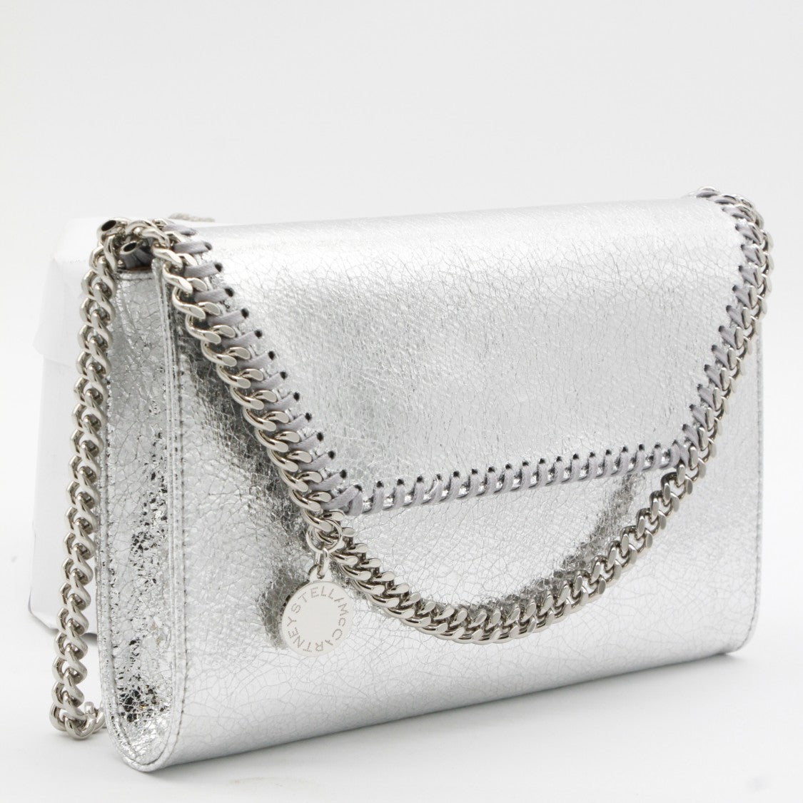 Stella Mccartney Rectangular Metallic Silver Cracked Texture Bag With Silver Chain Accents