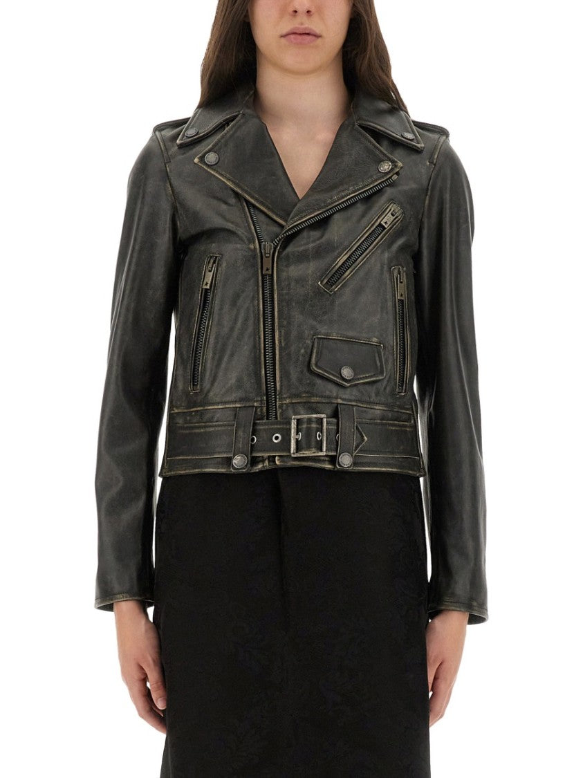 Golden Goose Cropped Black Leather Biker Jacket