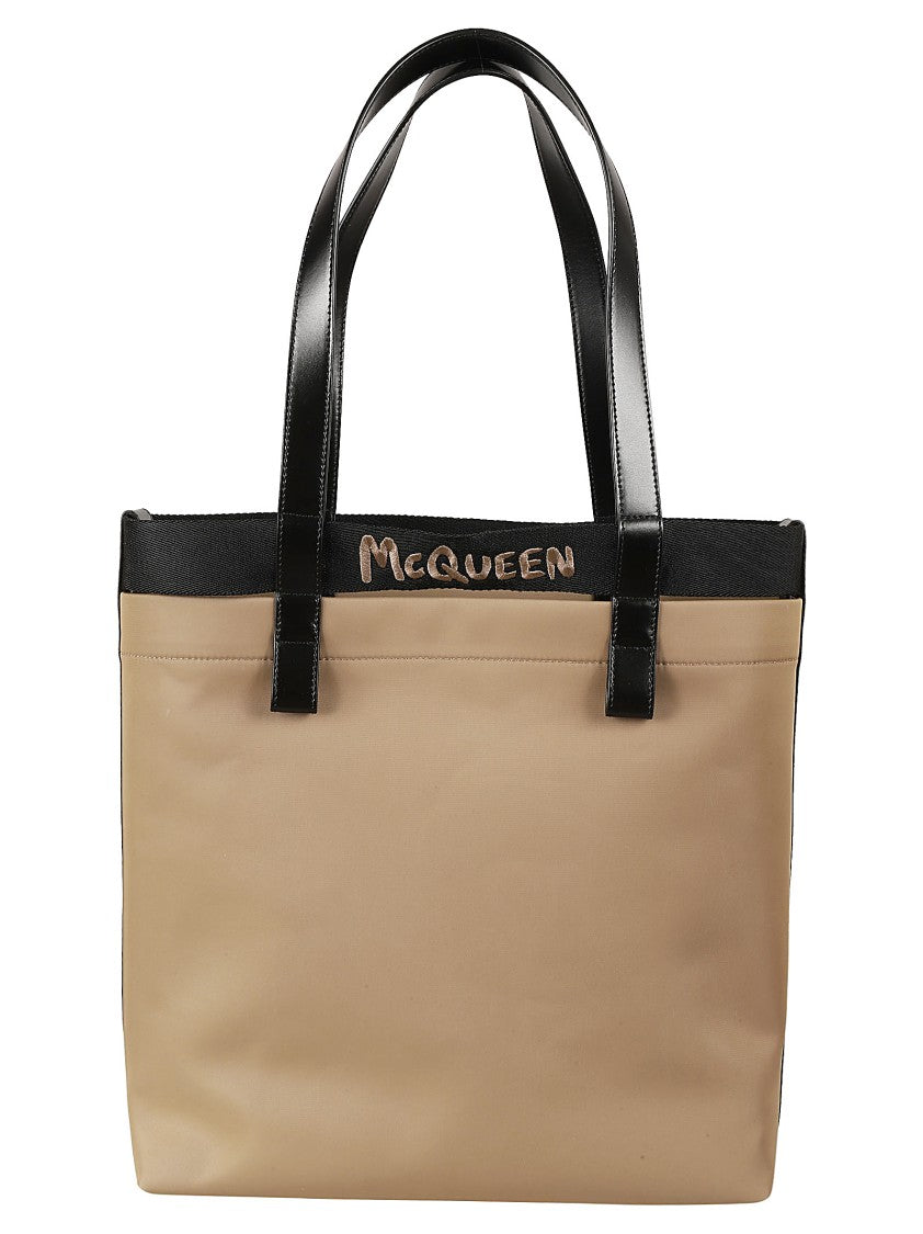 Alexander Mcqueen Beige Tote Bag With Black Leather Handles