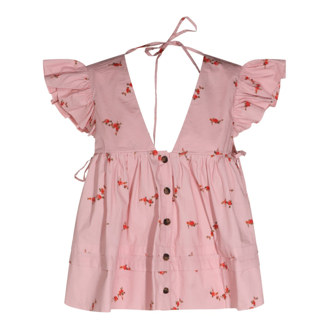 Ganni Pink-Red Ruched Sleeves Stretch Cotton Top