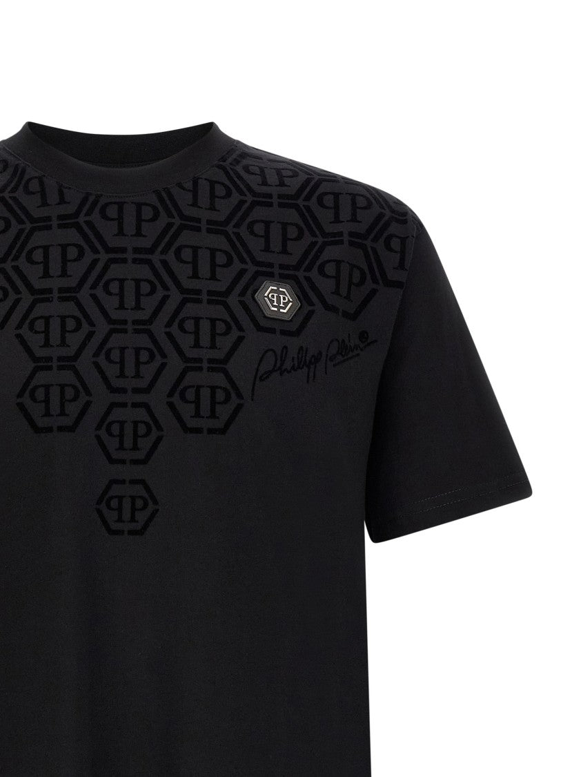 Philipp Plein Flocked Monogram Cotton T-Shirt With Hexagon Patch