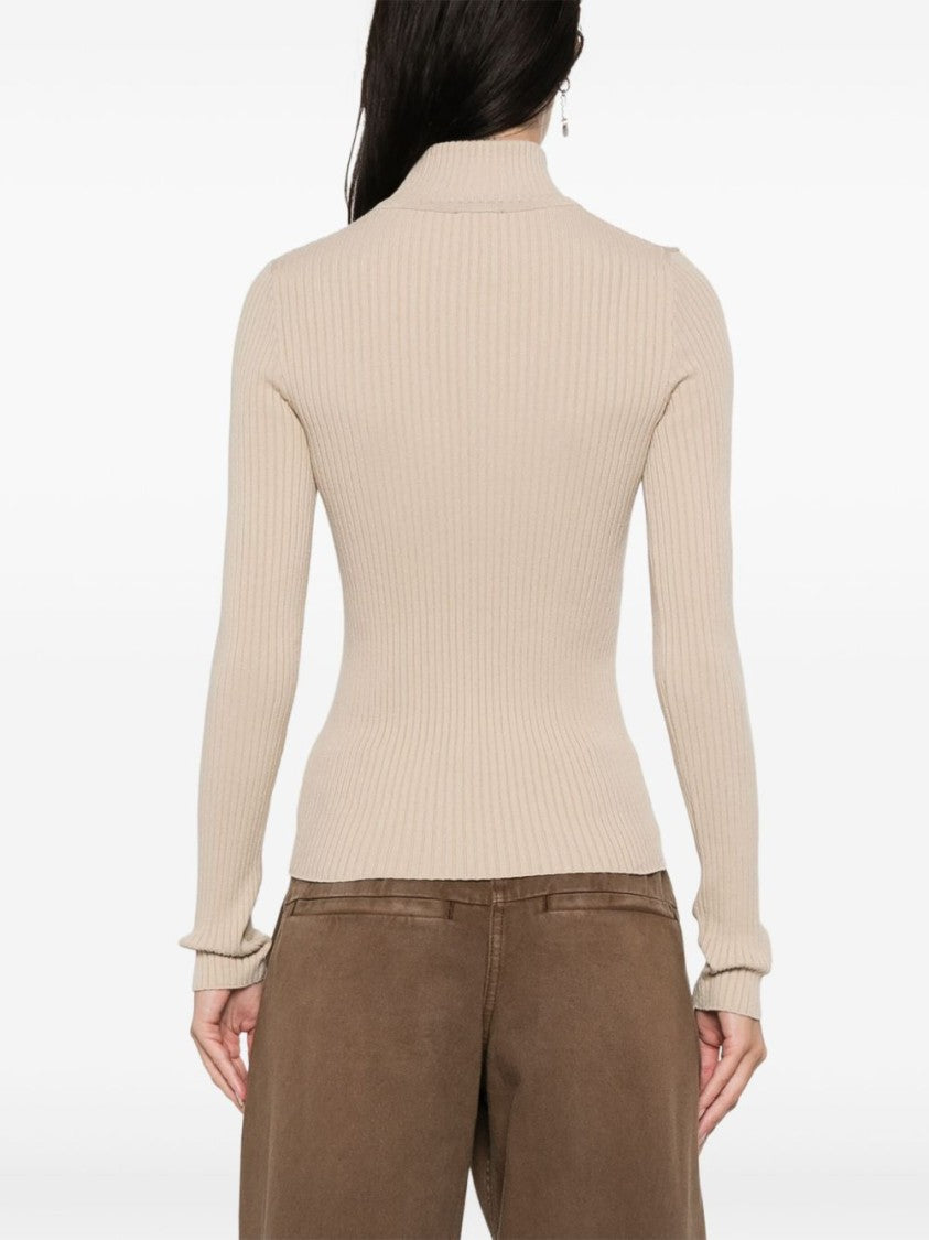 Courrèges Ribbed Knit Sweater With Mock Neck And Distinctive Logo