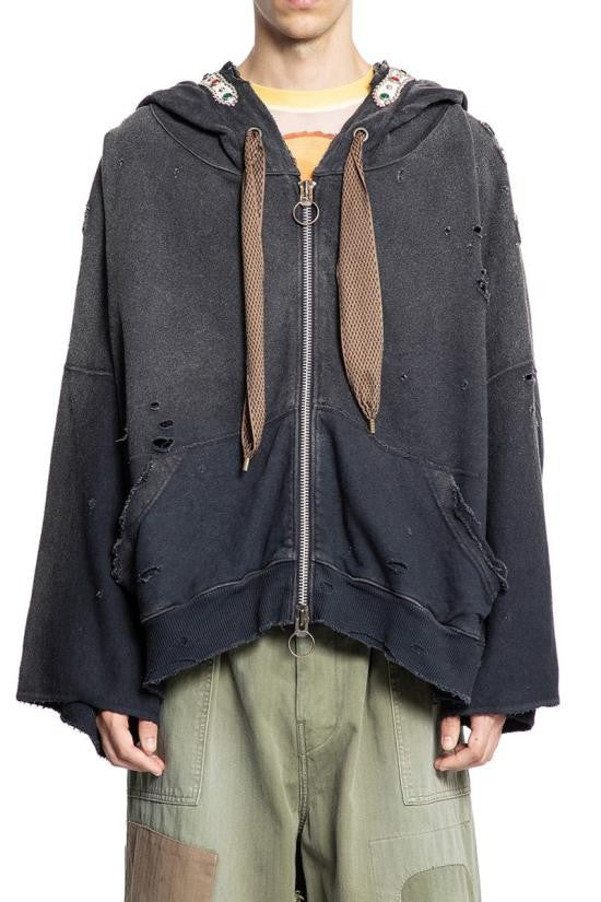 Kapital Distressed Black Zip-Up Hoodie With Vintage Accents