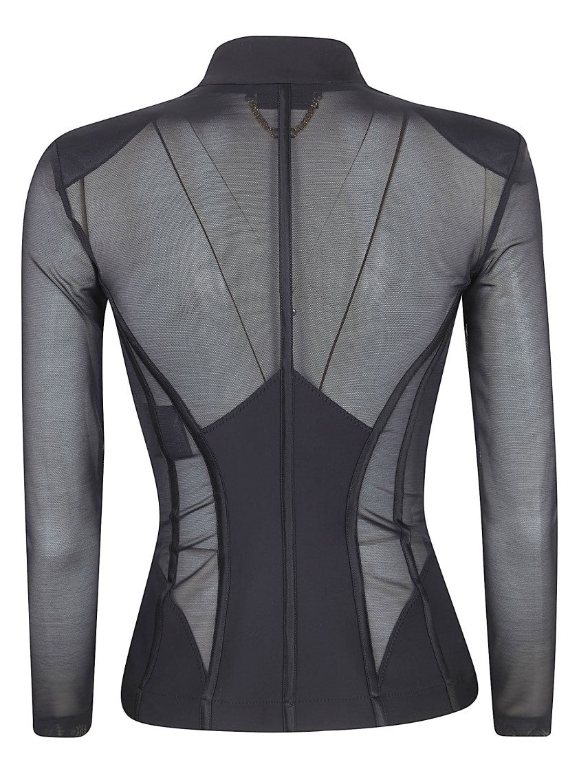 Elisabetta Franchi Body-Hugging Bustier Jacket With Geometric Cuts And Satin Accents