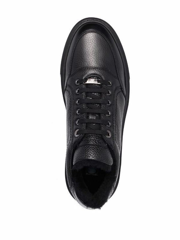 Casadei Textured Black Leather Low-Top Sneakers With Fur Lining